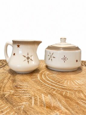 Vintage Wellsville China Atomic Starburst Creamer Sugar Bowl Set in Ivory & Gold